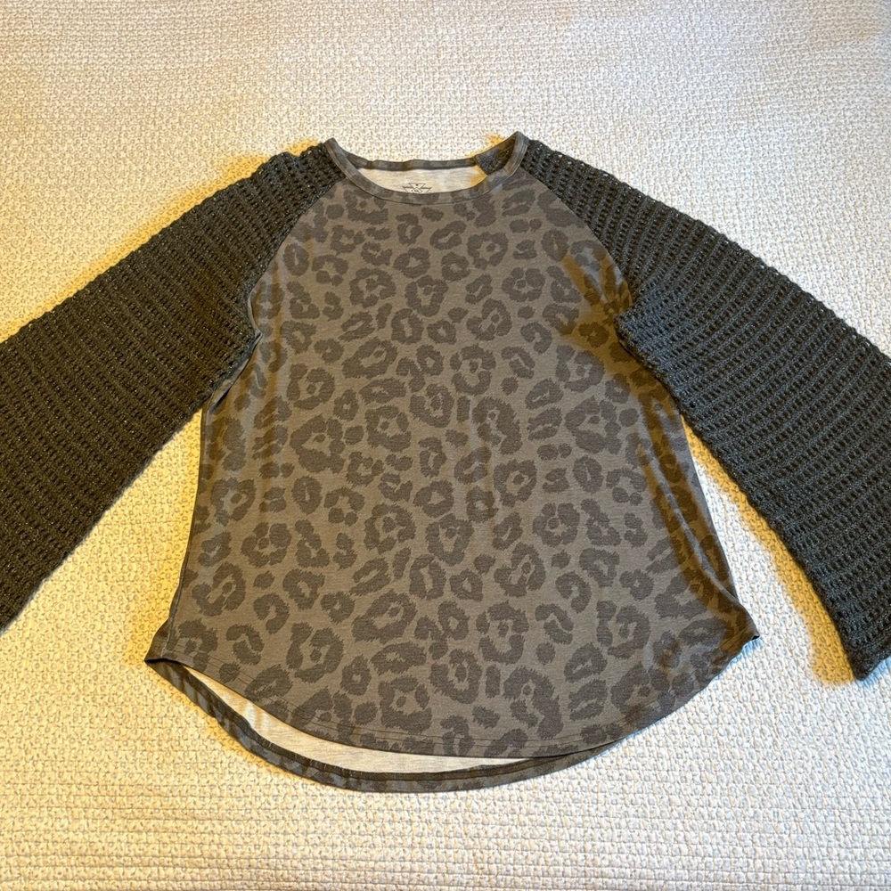 Crazy Train Charcoal Animal Print Boho Bell Sleeve Top
